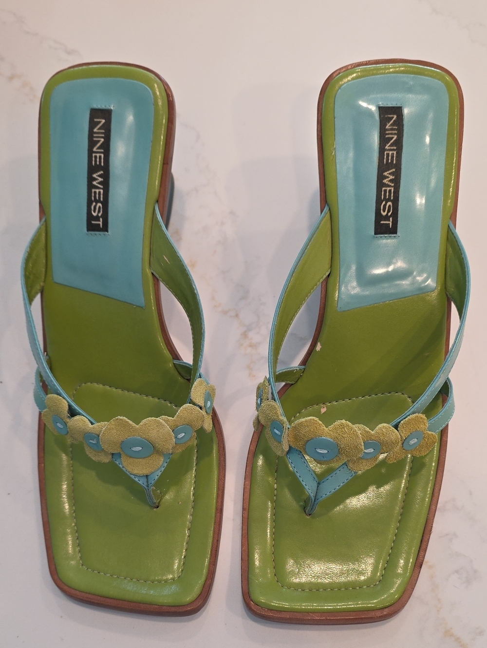 Nine West Turqyoise/Green Patent Leather W Floral-Accent Mules. 2 1/2 Heals